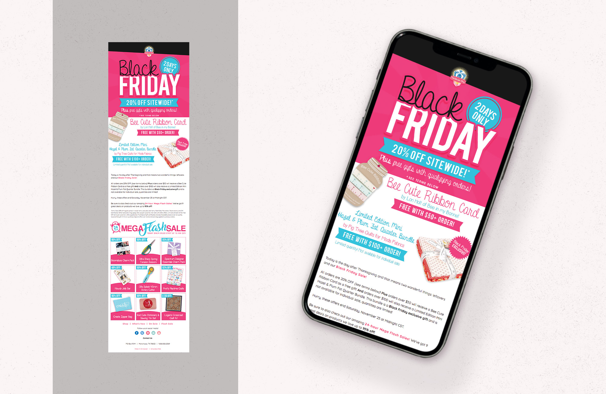 A phone sits on a light background open to an email that has a starburst pattern pink banner that reads Black Friday 20 percent off Sitewide.