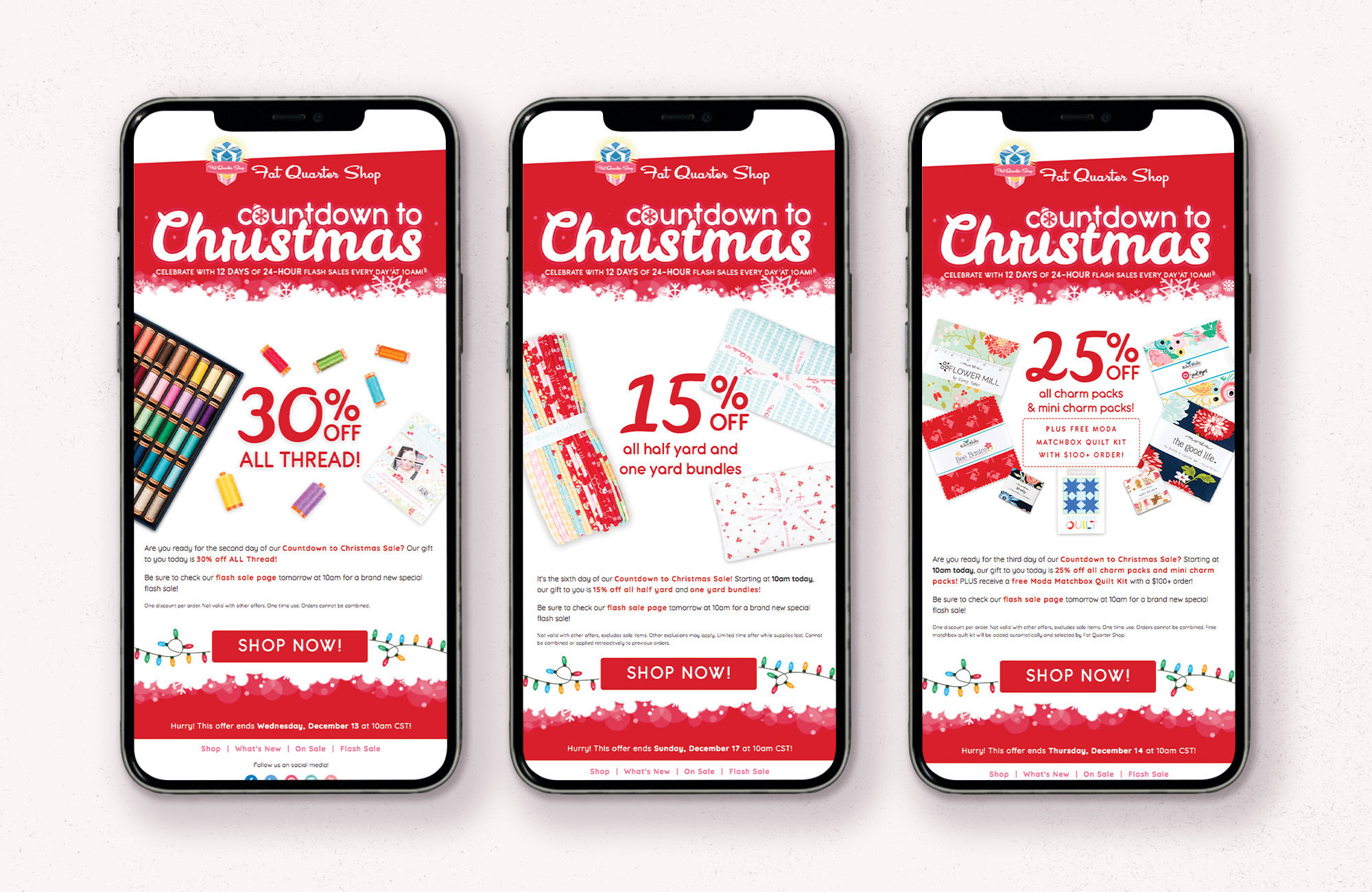 Three phones sit on a light background. Each phone displays a different email in a series of marketing emails titled Countdown to Christmas. From left to right the featured sales in each email is 30 percent off thread, 15 percent off half yard and yard bundles, and 25 percent off charm packs.