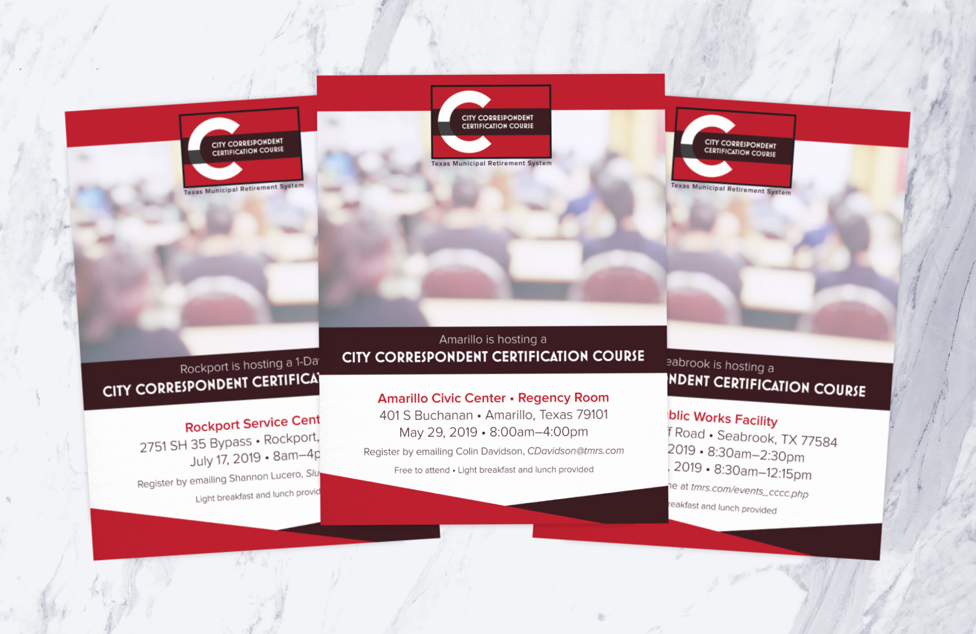 Three similar flyers sit on a light marbled background. They all contain information about City Correspondent Certification Courses being held in different TMRS cities.