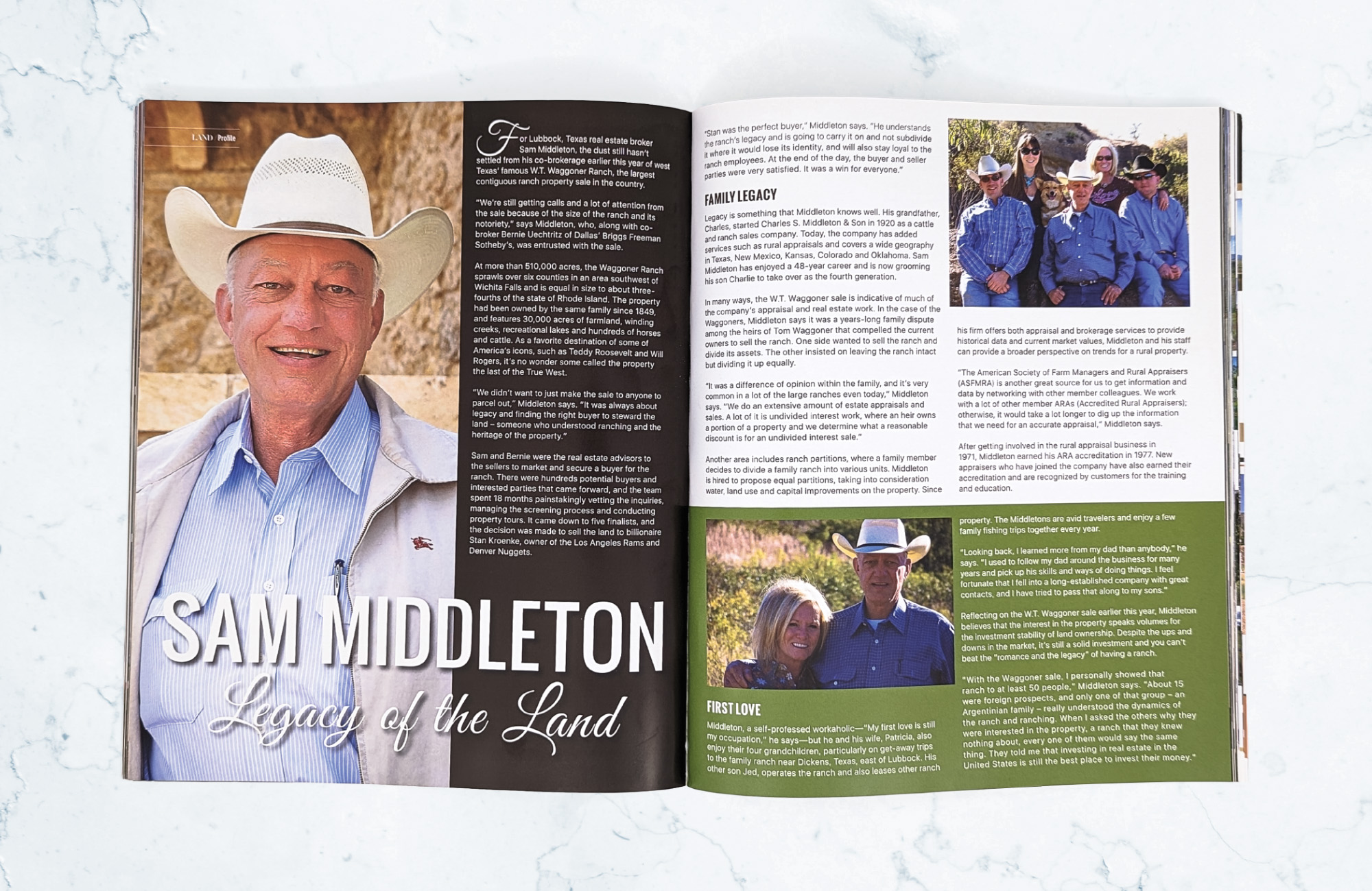 A magazine on a light marbled surface open to an editorial titled Sam Middleton: Legacy of the Land. on the first page is a photo of a man in a beige cowboy hat. The second page had a photo of a family with three men in blue outfits and cowboy hats in the front while two women in sunglasses and a corgi sit behind them.