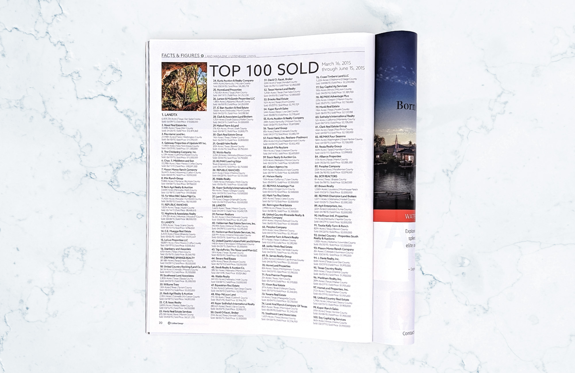 A magazine on a light marbled surface is open to a  page titled Top 100 Sold from March 16, 2015 through June 15, 2015. The is a picture from the property with the largest sale, a view of trees through a cavernous viewpoint, in the top left and 100 properties in a numbered list in four columns across the page.