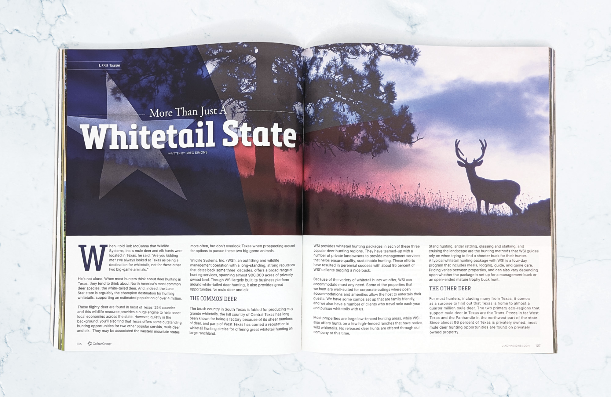 A magazine on a light marbled surface is open to an editorial titled More Than a Whitetail State. The photo that spreads across two pages depicts a silhouetted deer with a fluttering Texas flag superimposed on top.