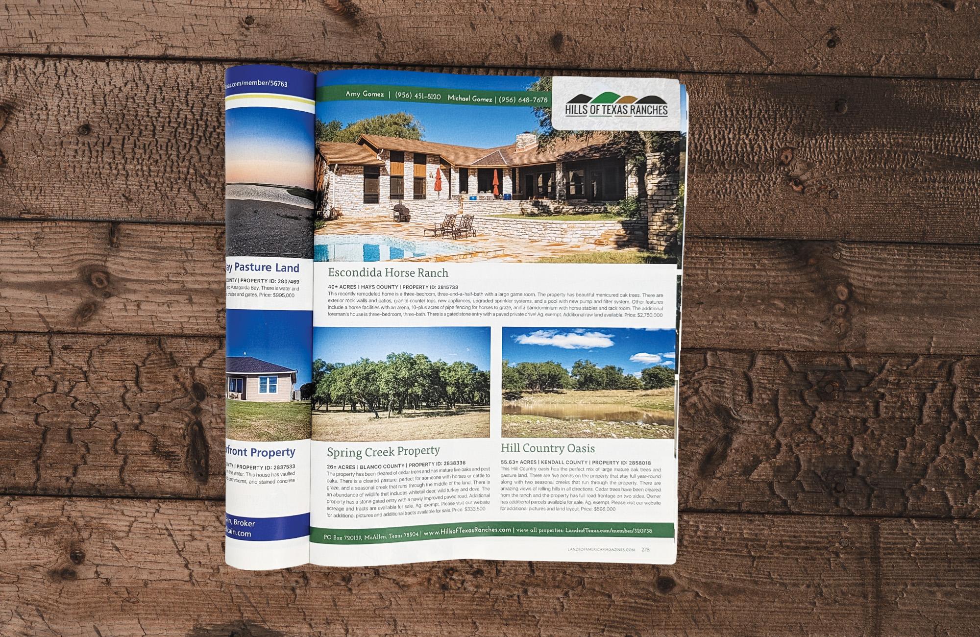 A magazine on a wooden surface. The left side of the magazine is rolled and tucked underneath. The Right side is a property listing page for Hills of Texas Ranches. The top property features a brick house with a pool.