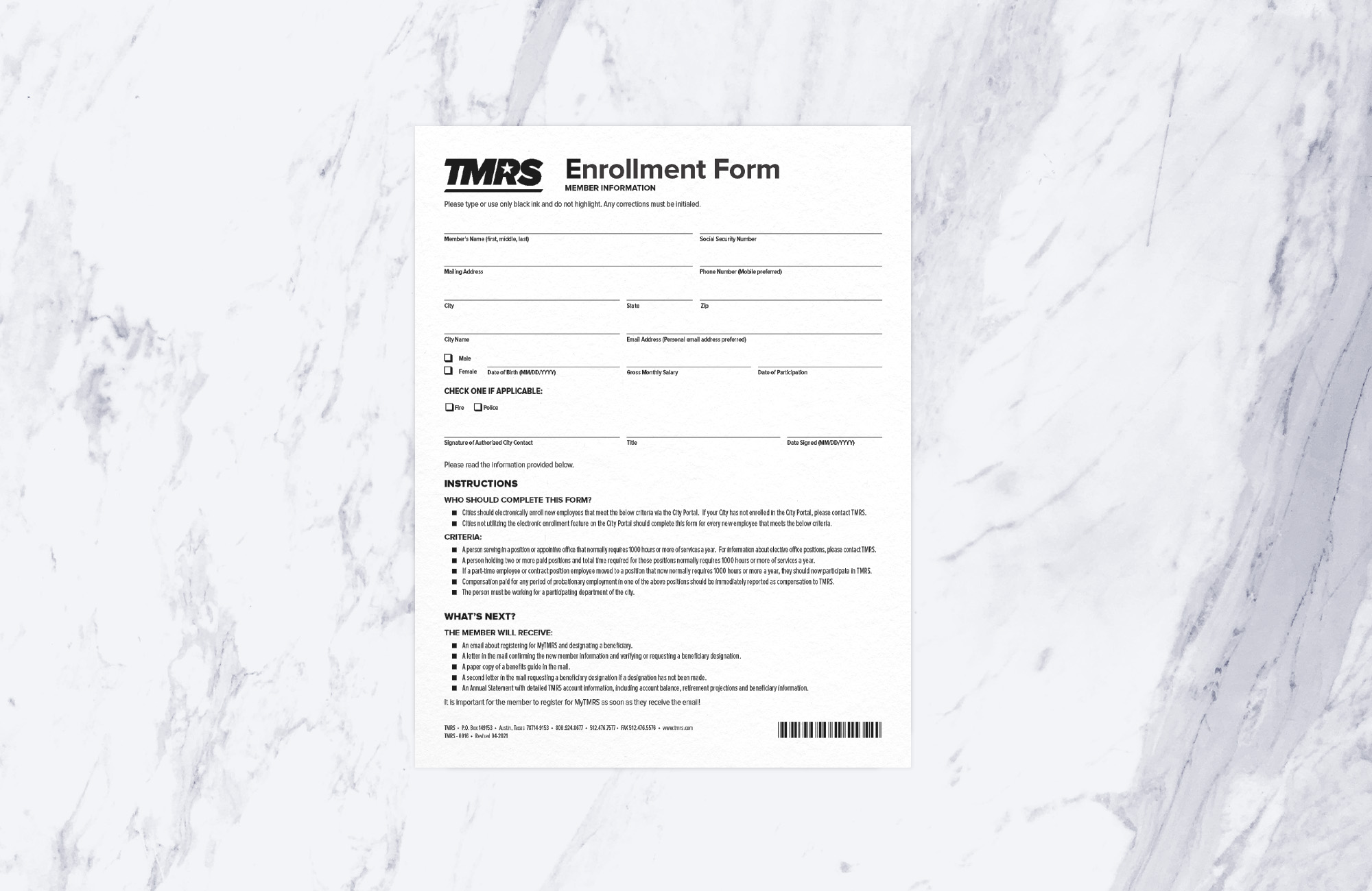 A black and white enrollment form for TMRS Members.